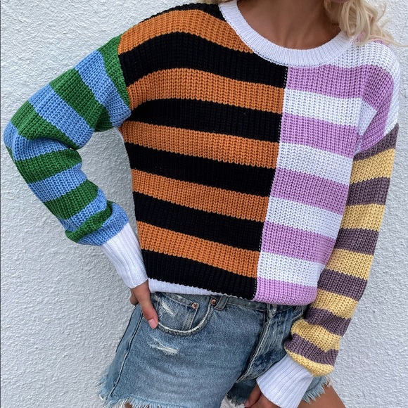 Spliced Mixed Stripes Scoop Neck Sweater - Picture 4 of 7